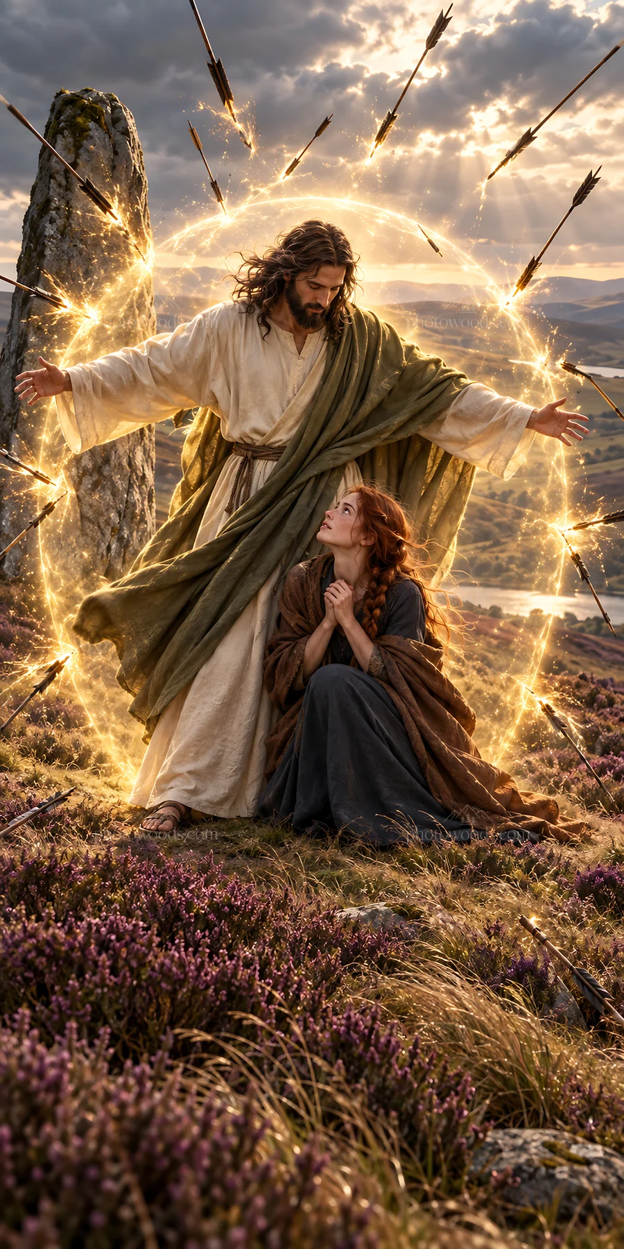 Jesus Christ comforting a woman in a natural setting - AI-generated stock image