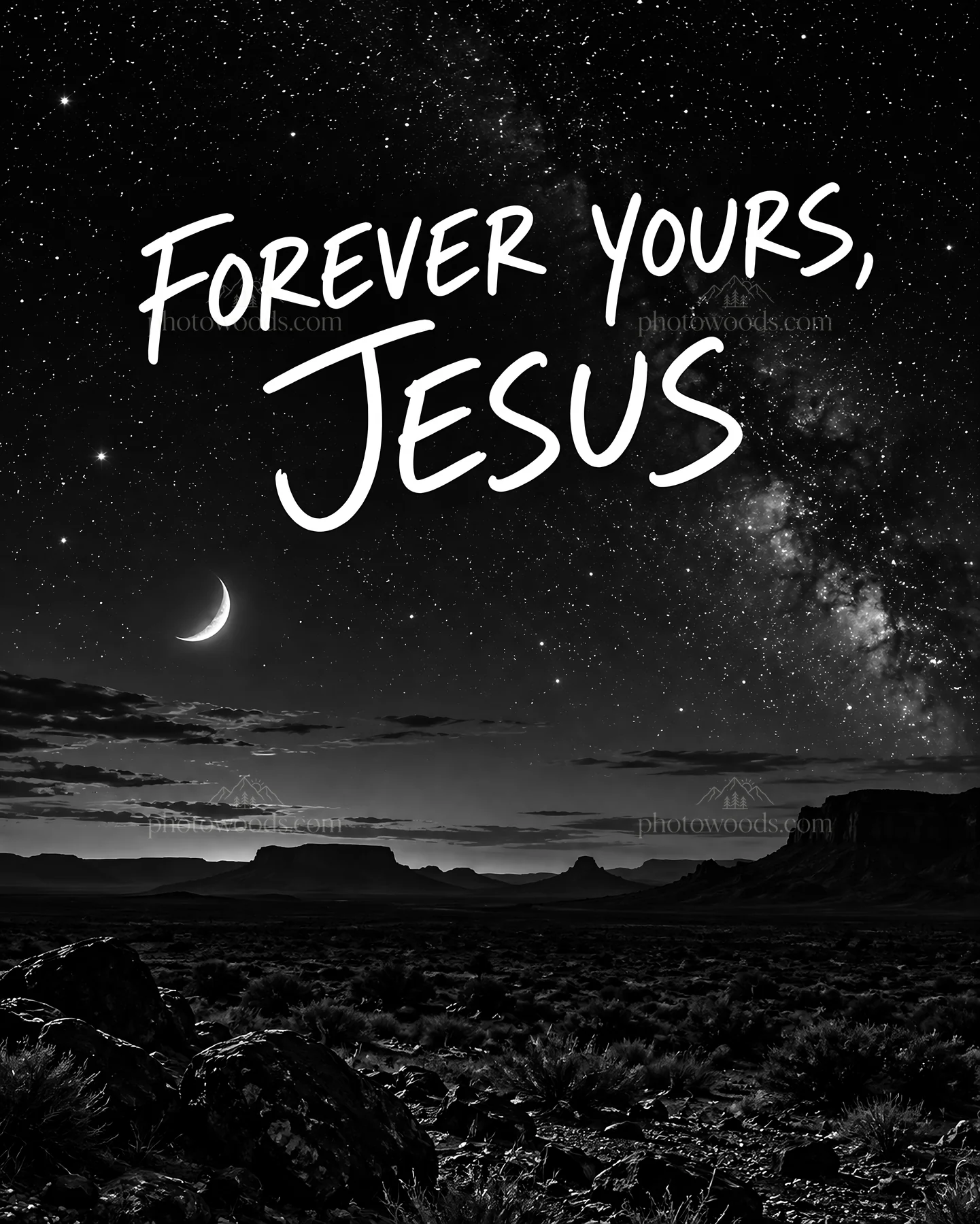 Jesus Christ under a starry sky with the message Forever Yours - AI-generated stock image