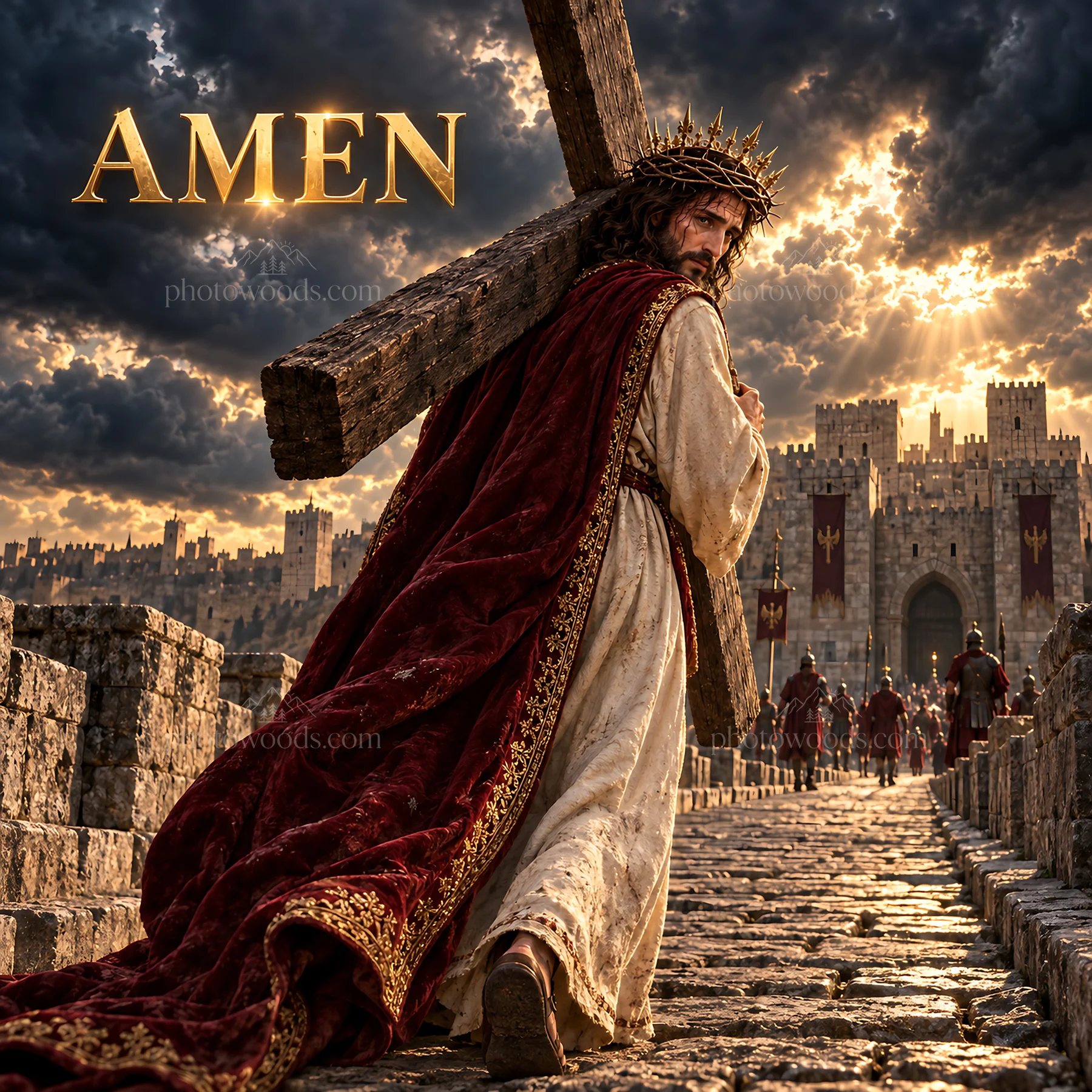 Jesus Christ carrying the cross on the way to crucifixion - AI-generated stock image
