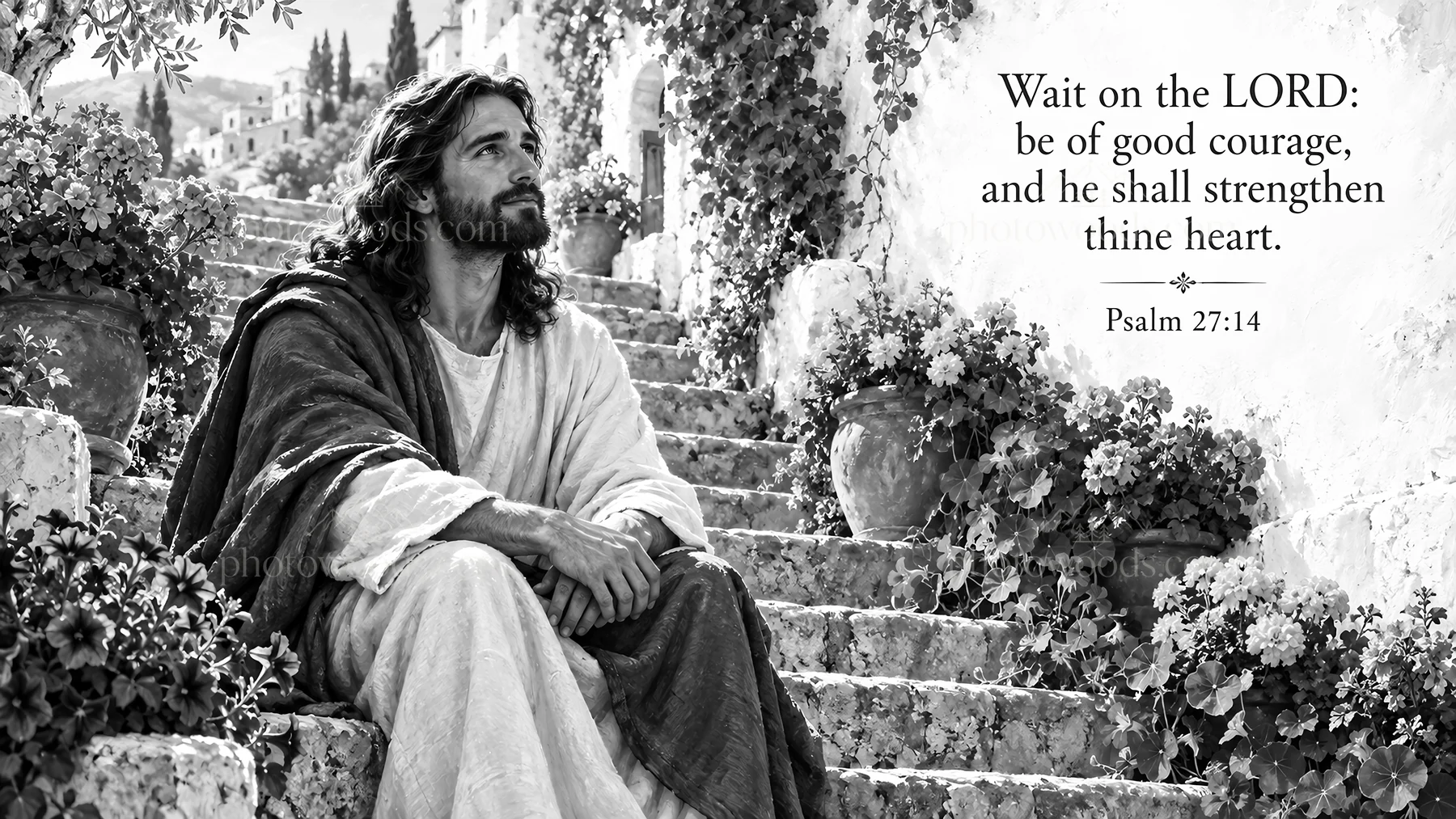 Jesus Christ sitting on steps in a peaceful garden setting - AI-generated stock image
