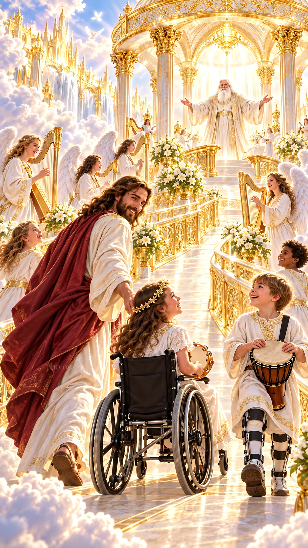Jesus Christ welcoming children in a heavenly setting - AI-generated stock image