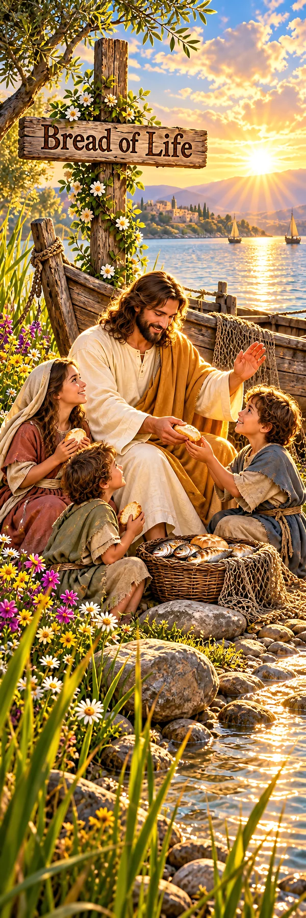 Jesus Christ sharing bread with children by the lakeside - AI-generated stock image