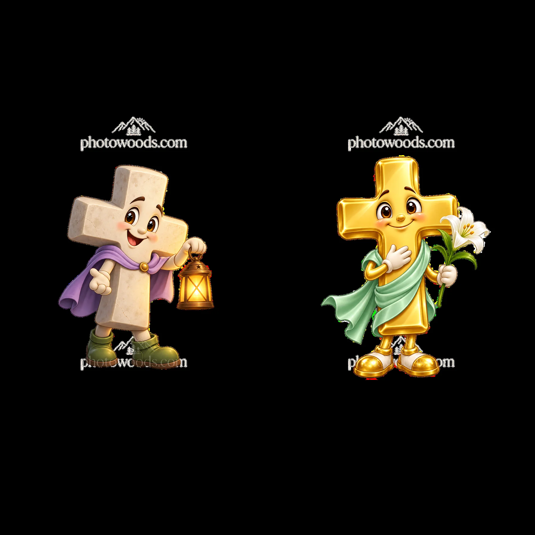 Easter cross characters holding lantern and flower in cheerful pose - AI-generated stock image