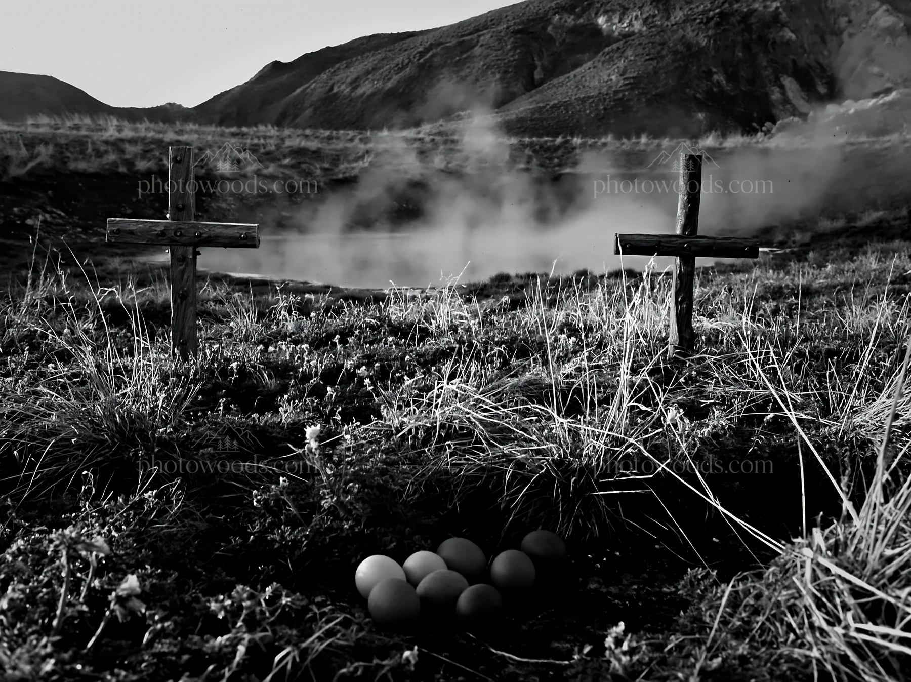 Christian crosses in geothermal spring meadow with eggs - AI-generated stock image