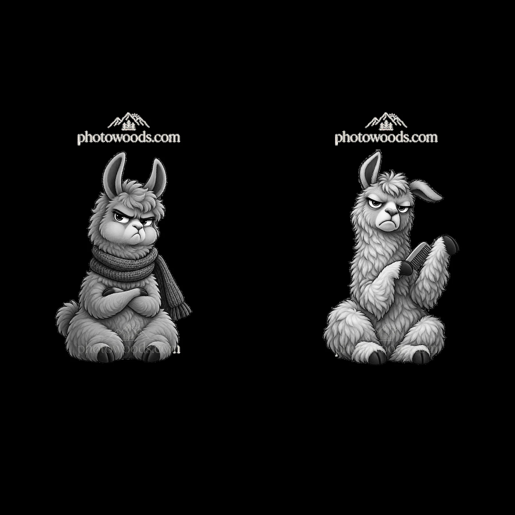 Grumpy llama character stickers with expressions and poses - AI-generated stock image
