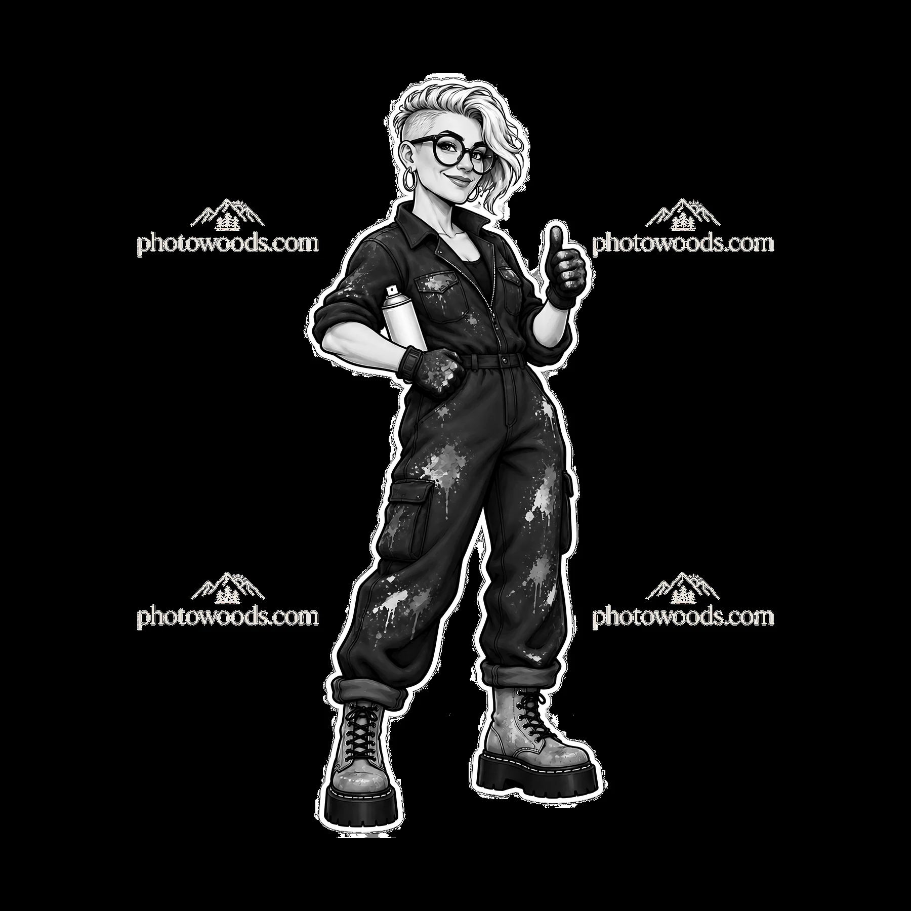 Graffiti sprayer in overalls giving a thumbs-up gesture - AI-generated stock image