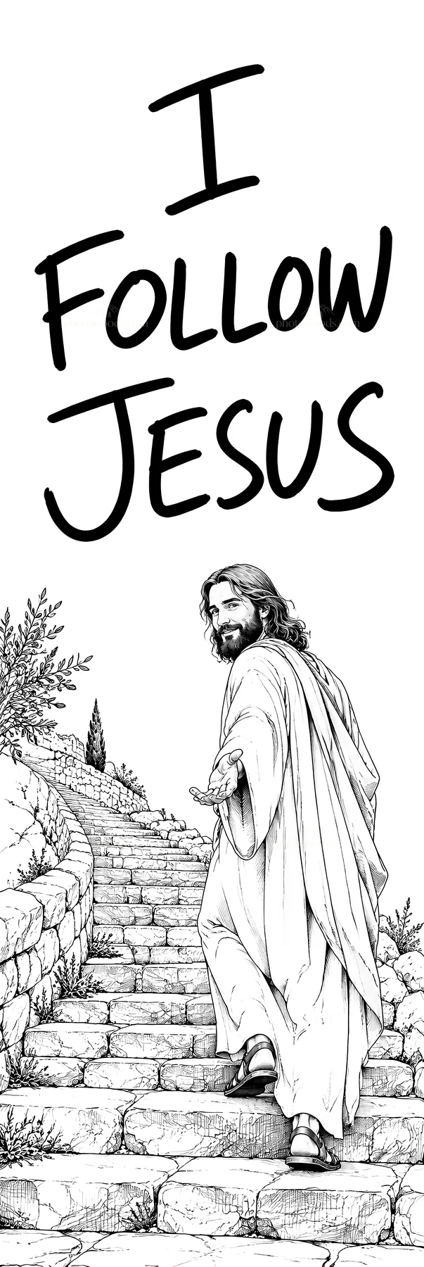 Jesus Christ walking on a path inviting others to follow - AI-generated stock image