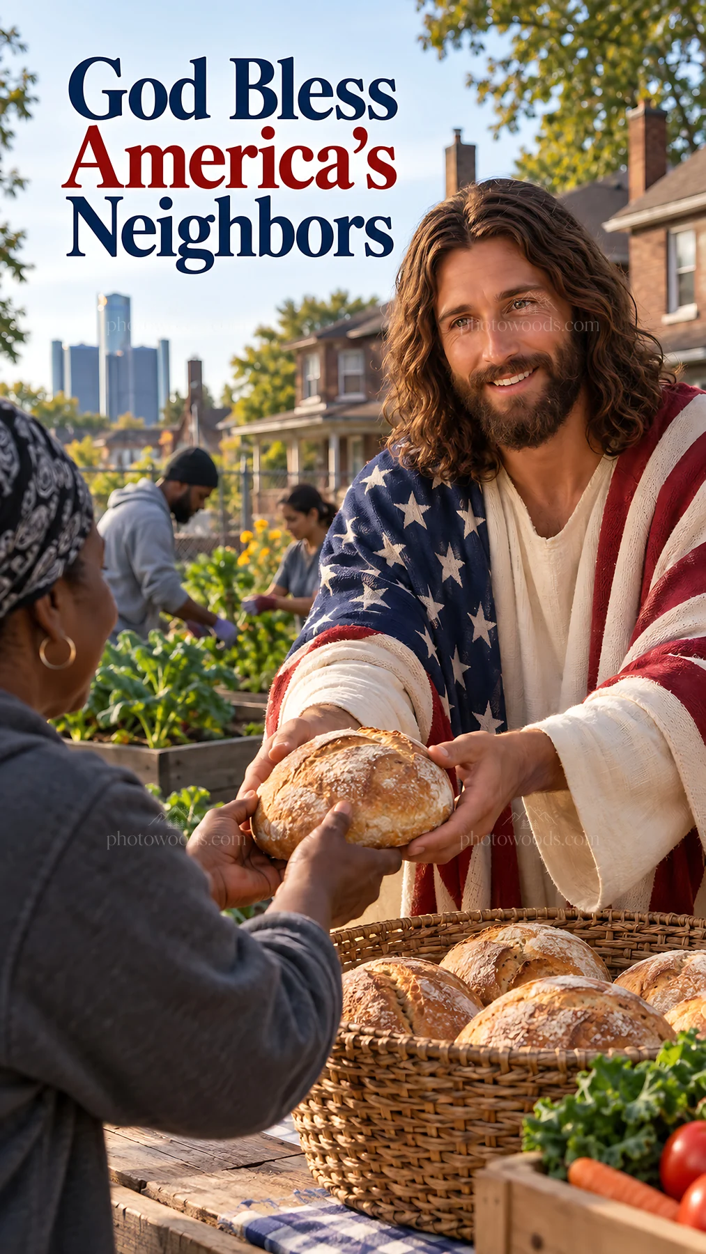 Jesus Christ sharing bread with a neighbor - AI-generated stock image
