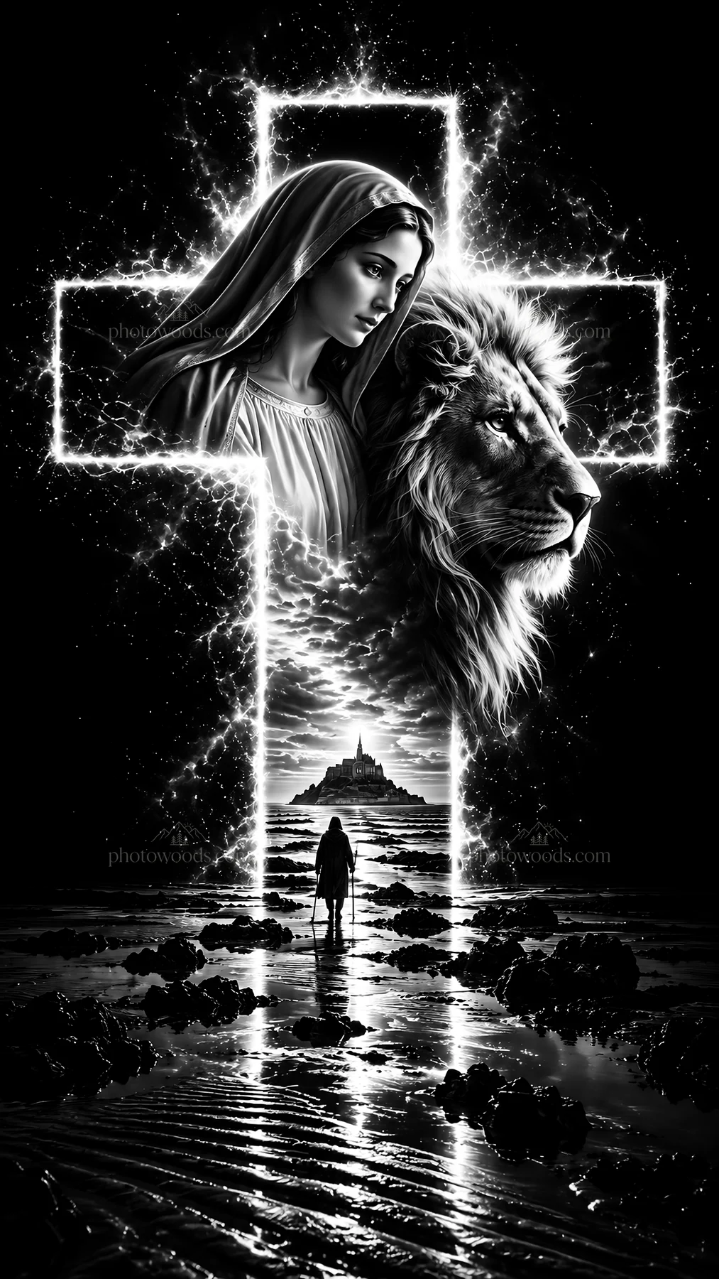 Jesus Christ with lion and woman in a cross design - AI-generated stock image