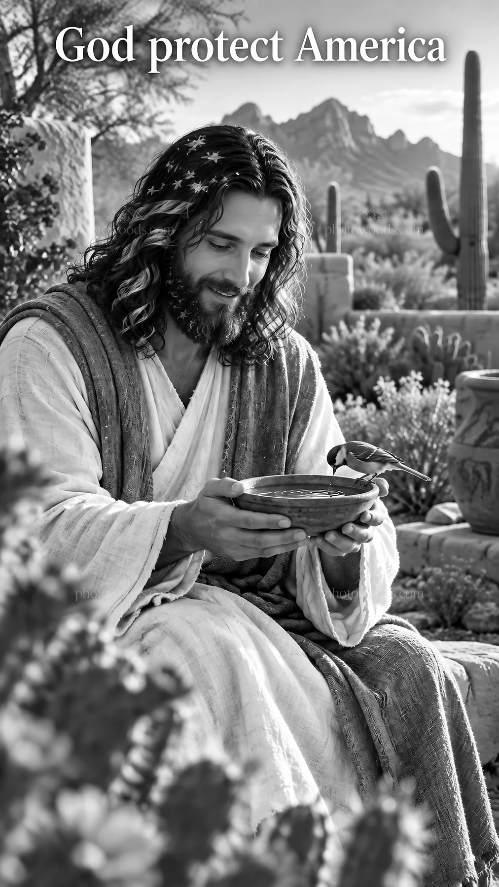 Jesus Christ sharing a meal in a desert garden - AI-generated stock image