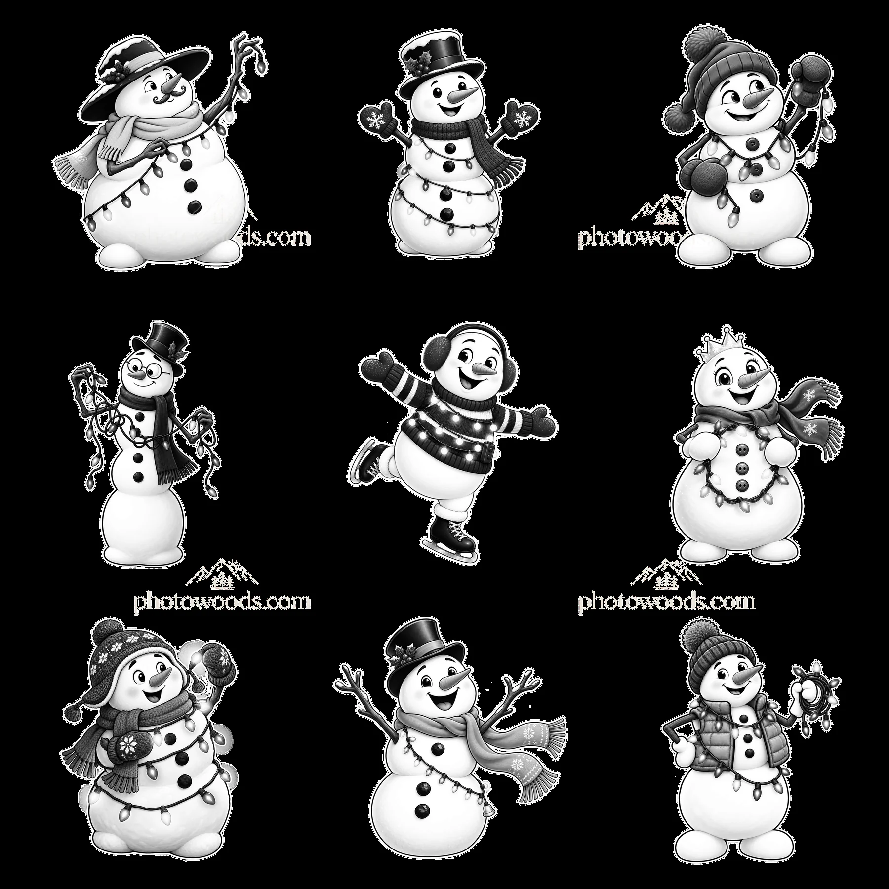 Snowman stickers with string lights in a 3x3 layout - AI-generated stock image