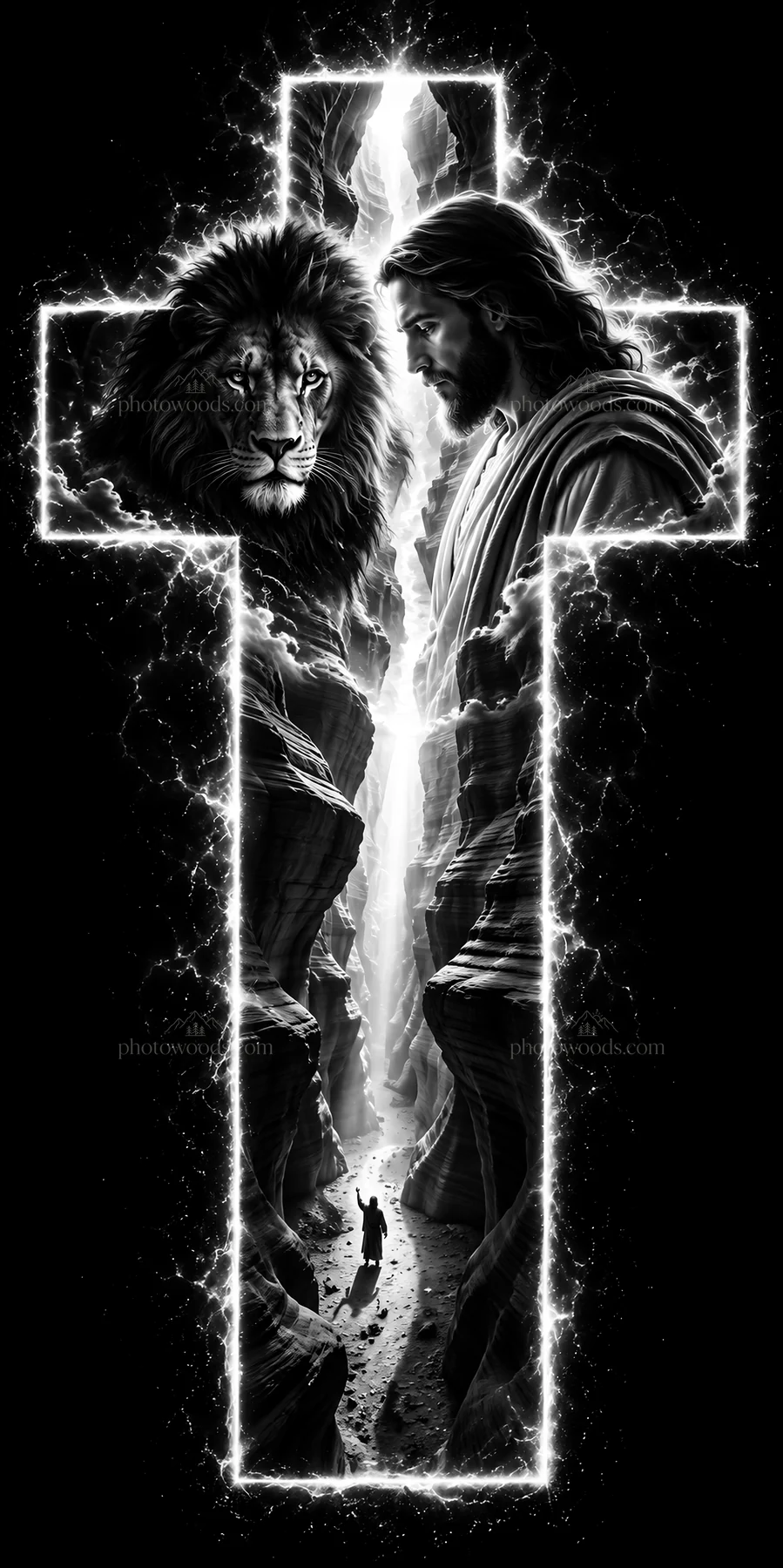 Jesus Christ in a cross-shaped scene with a lion and figure - AI-generated stock image