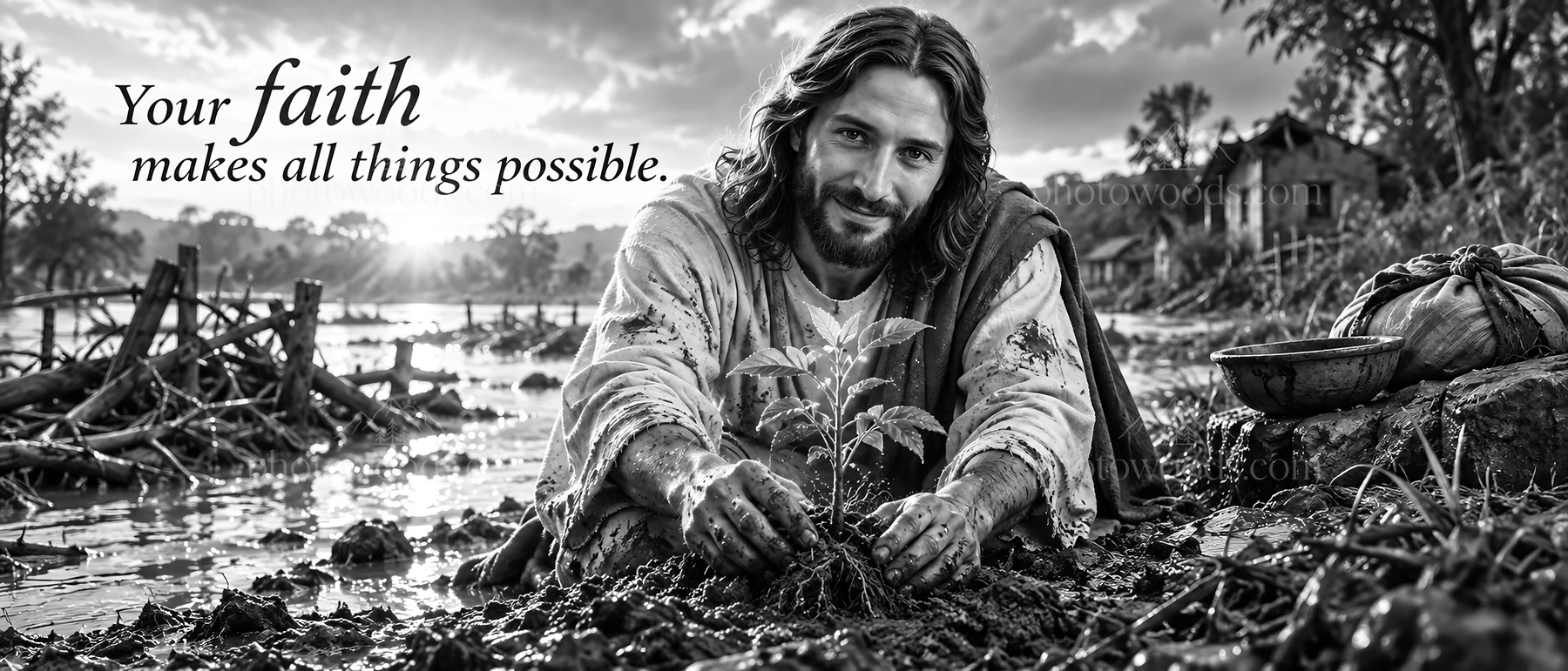 Jesus Christ planting a seed in the ground - AI-generated stock image