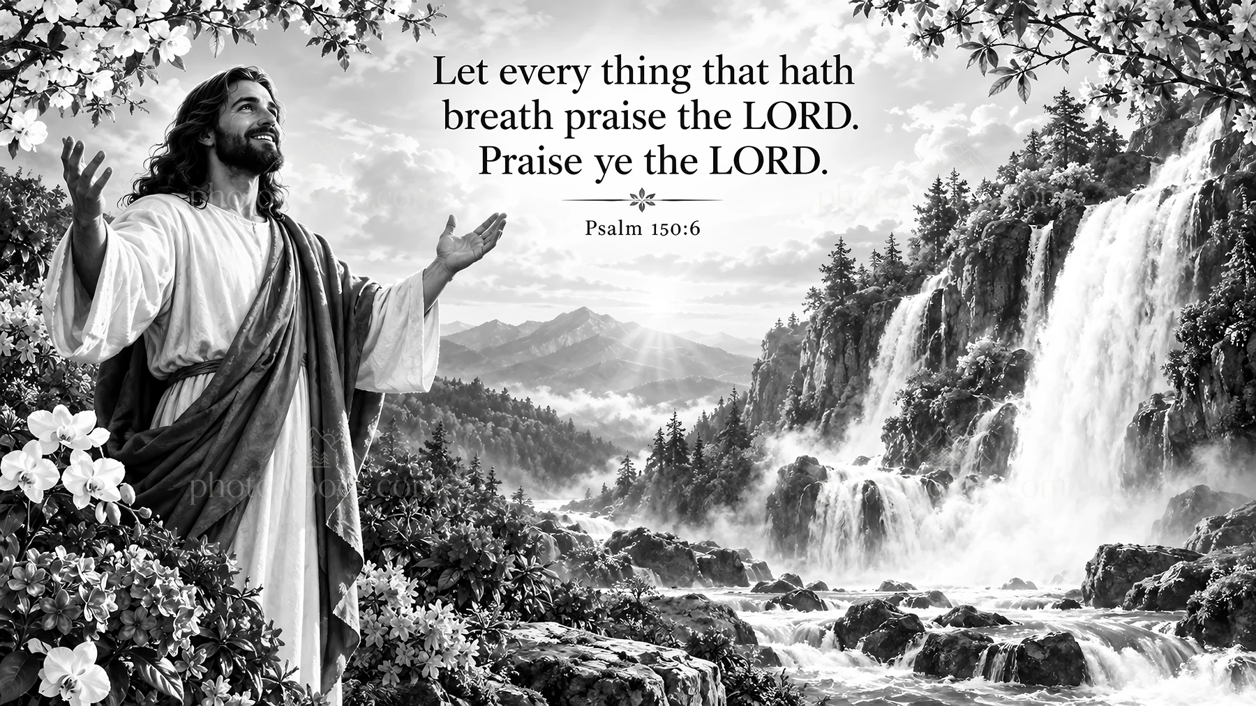 Jesus Christ welcoming praise in a natural setting - AI-generated stock image
