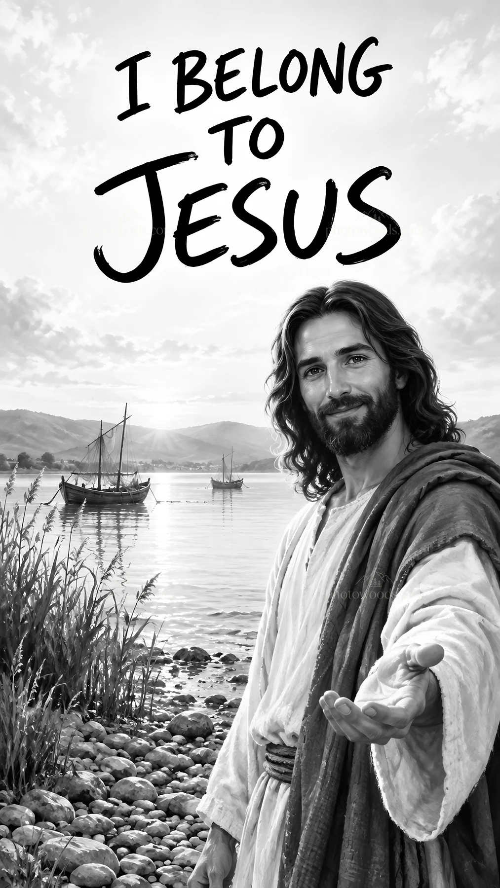 Jesus Christ welcoming with a hand extended by the water - AI-generated stock image