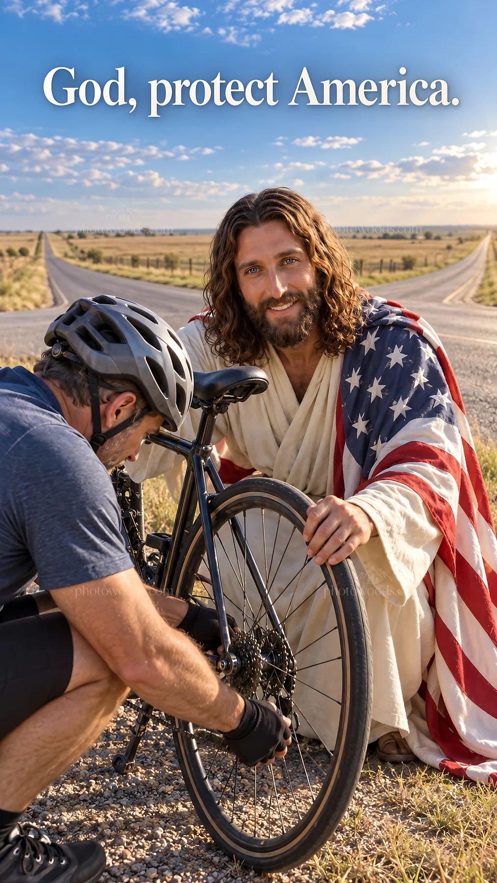 Jesus Christ helping a cyclist with a flat tire - AI-generated stock image