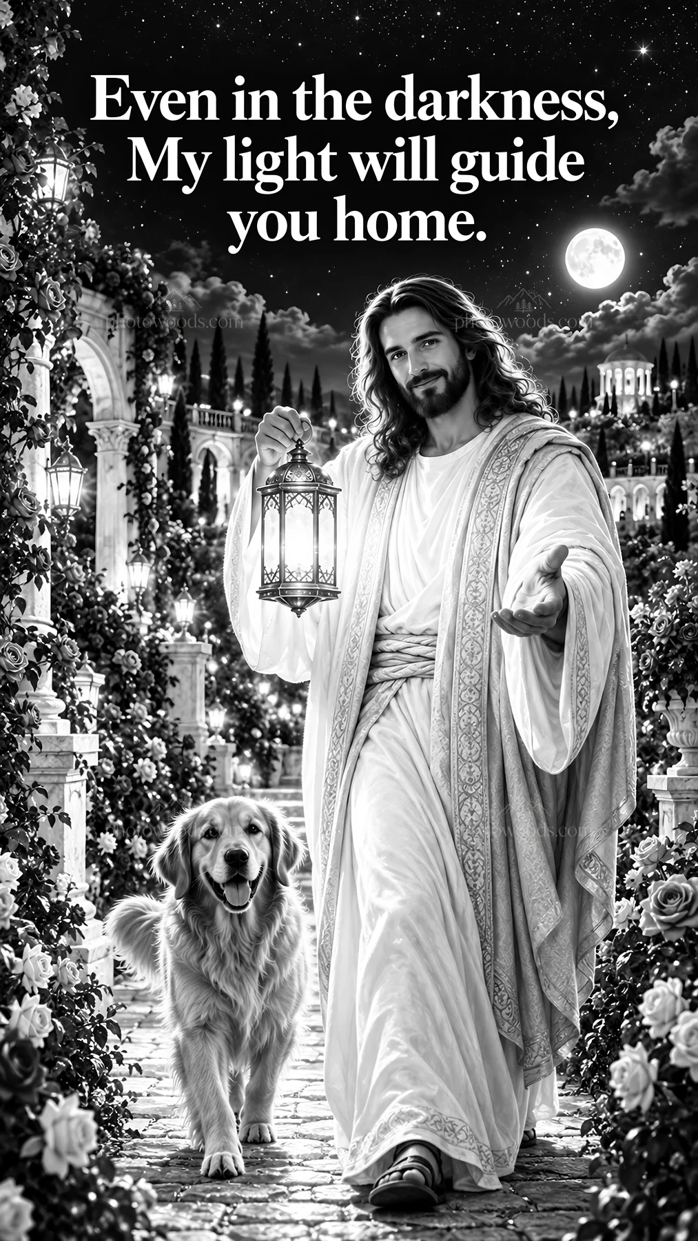 Jesus Christ guiding a person home with a lantern - AI-generated stock image
