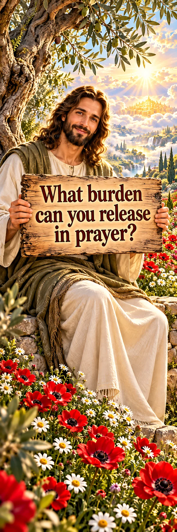 Jesus Christ holding a sign asking about burdens in prayer - AI-generated stock image