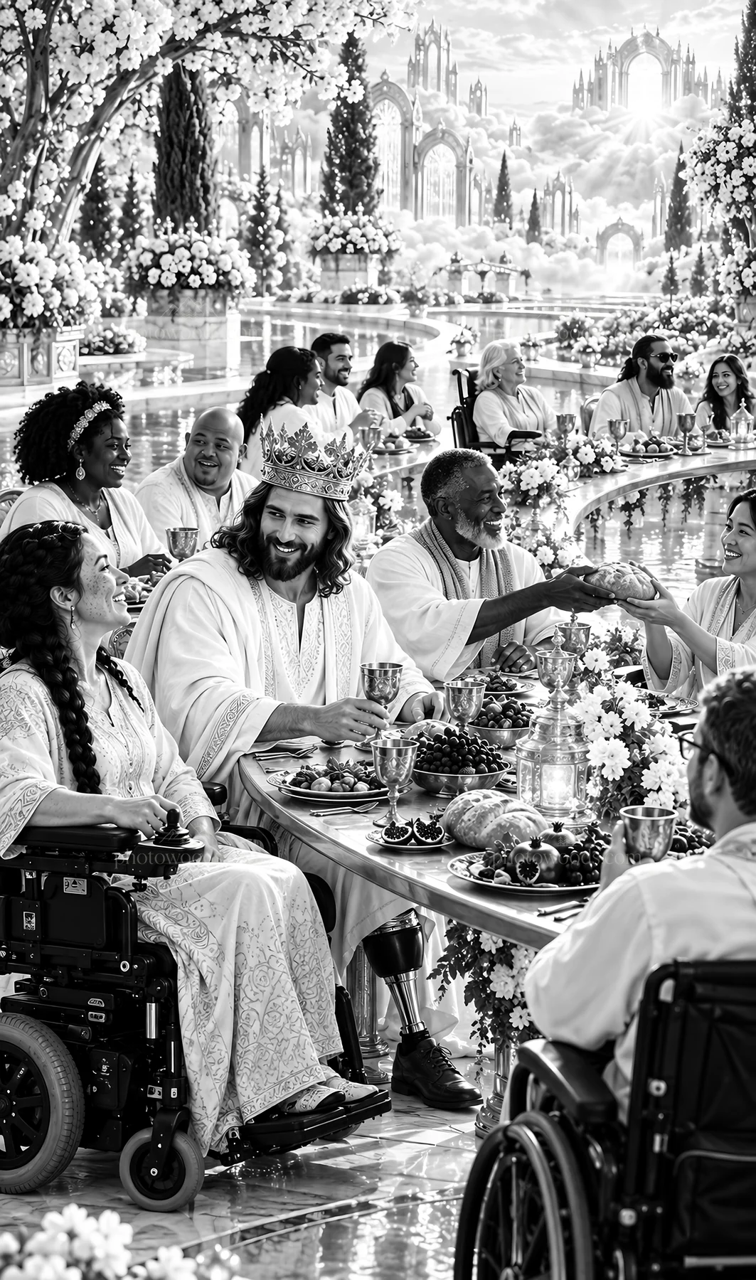 Jesus Christ sharing a meal with diverse followers - AI-generated stock image