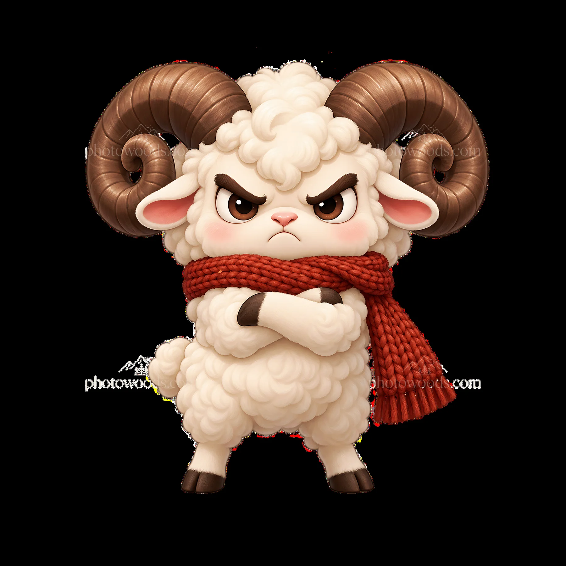 Kawaii grumpy sheep with red scarf and crossed arms - AI-generated stock image