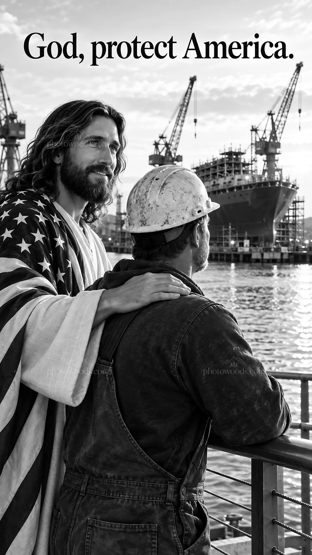 Jesus Christ comforts a worker at a shipyard - AI-generated stock image