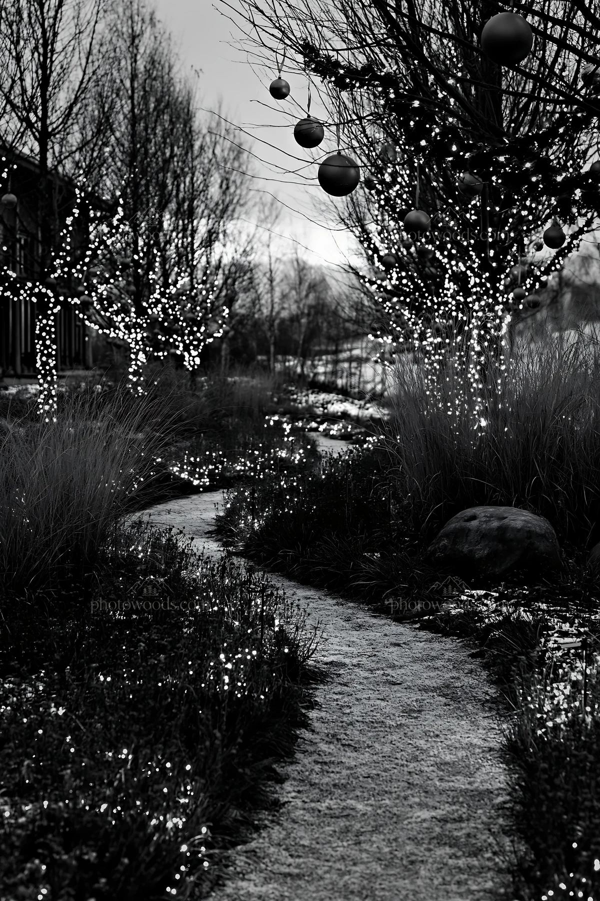 Expansive Christmas meadow with restored stones and baubles - AI-generated stock image