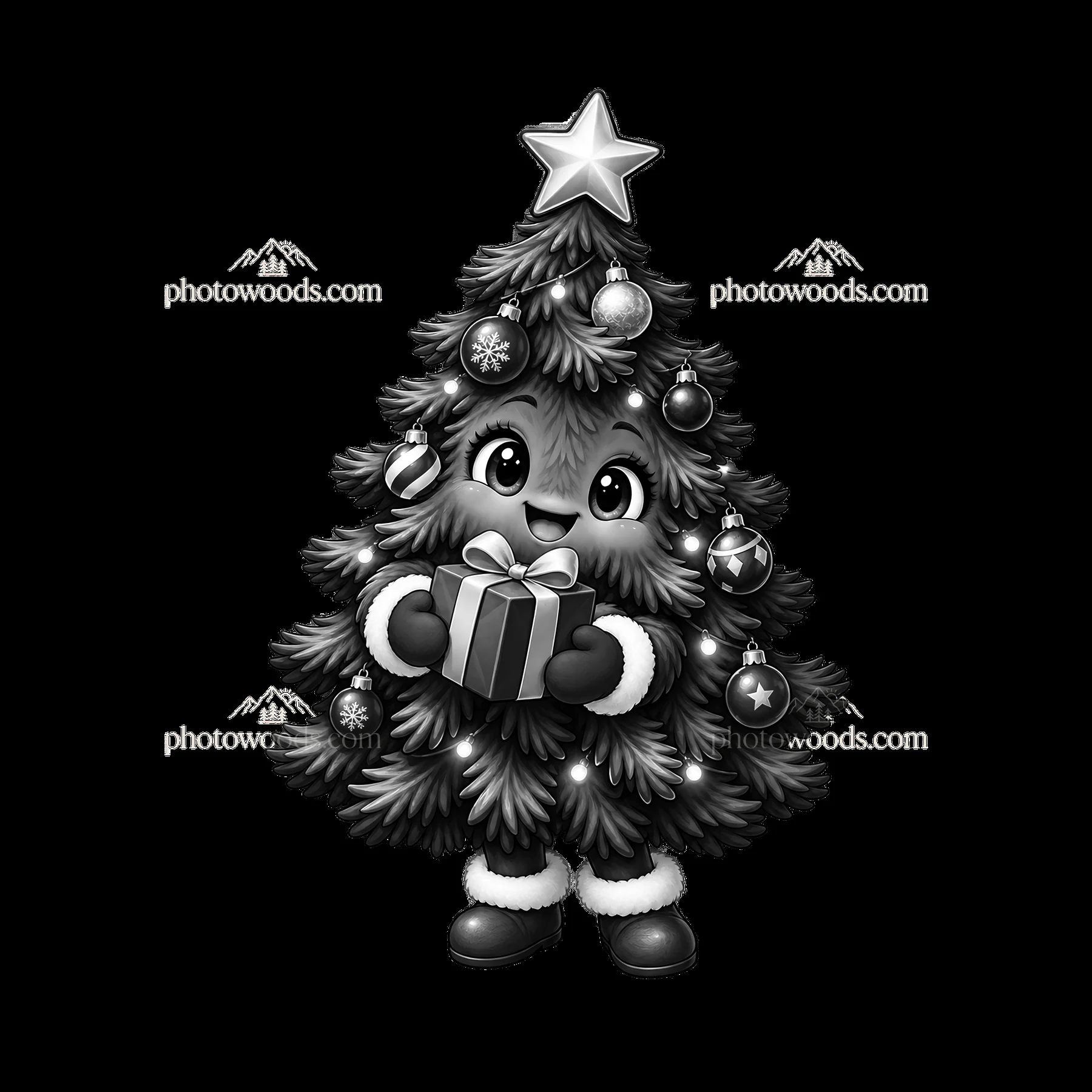 Christmas tree character with a gift in a festive setting - AI-generated stock image