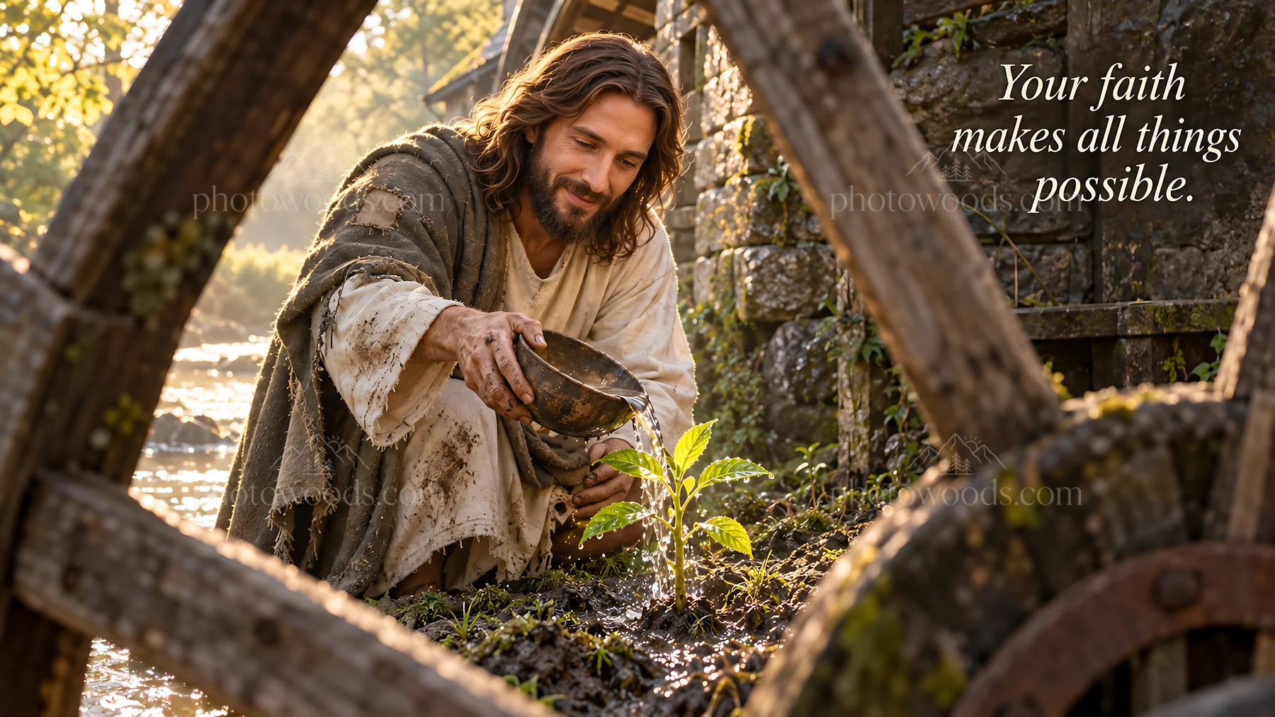 Jesus Christ tending to a plant in a riverbank setting - AI-generated stock image