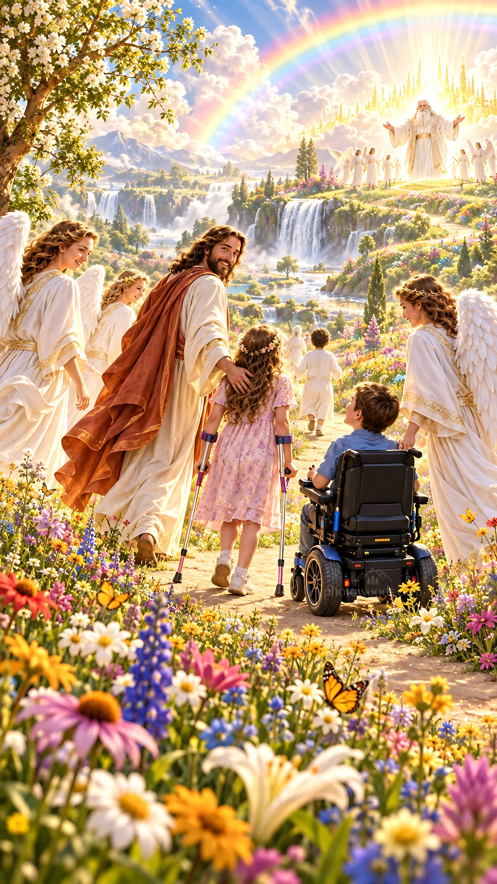 Jesus Christ walking with children in a beautiful garden - AI-generated stock image