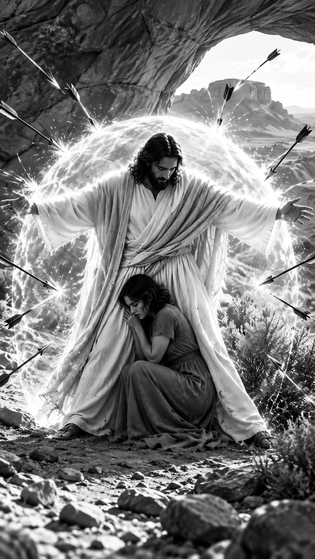 Jesus Christ protecting a woman from harm - AI-generated stock image