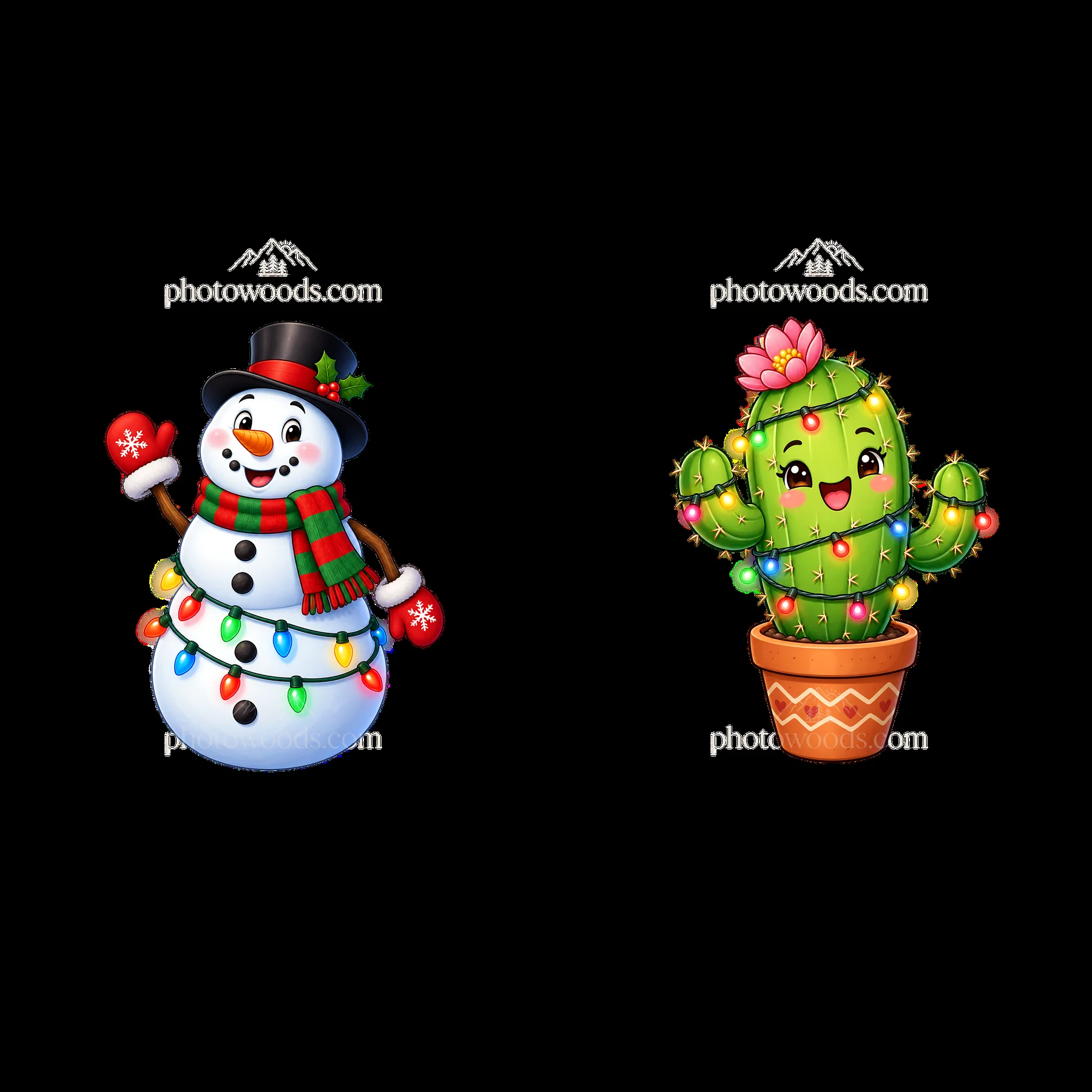 Snowman and cactus decorated with string lights - AI-generated stock image