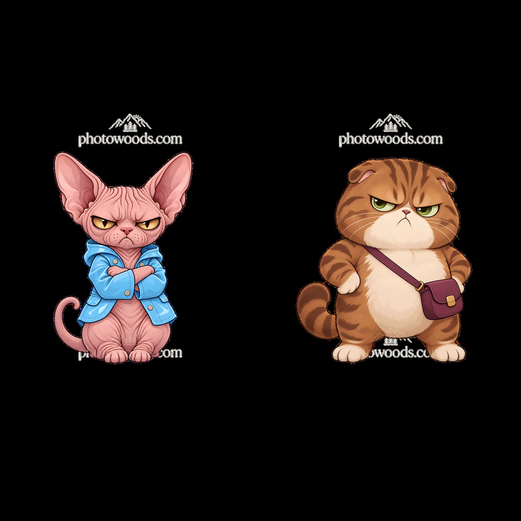 Kawaii grumpy cat duo with a Sphinx cat and a tabby cat - AI-generated stock image