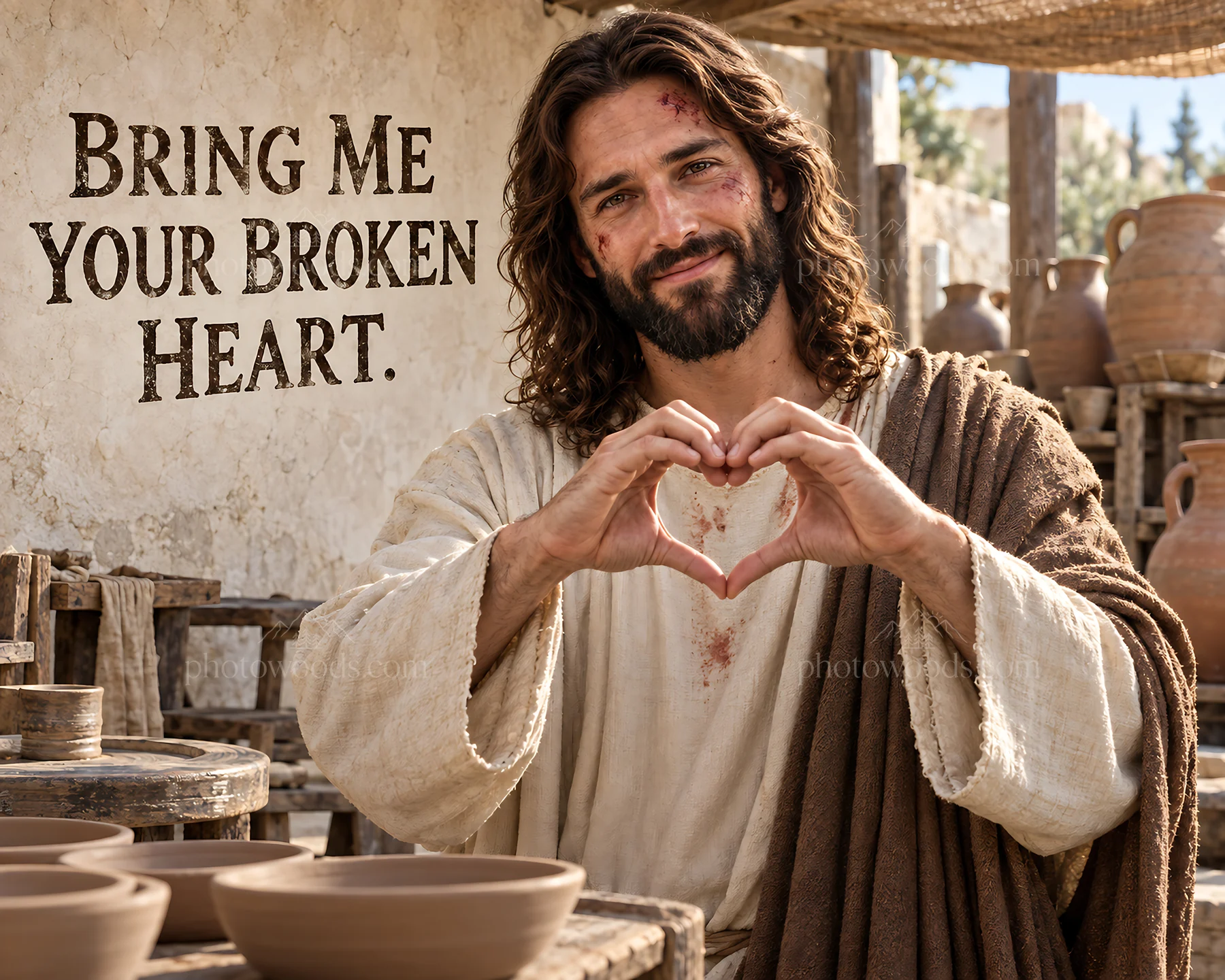 Jesus Christ inviting people to share their burdens - AI-generated stock image