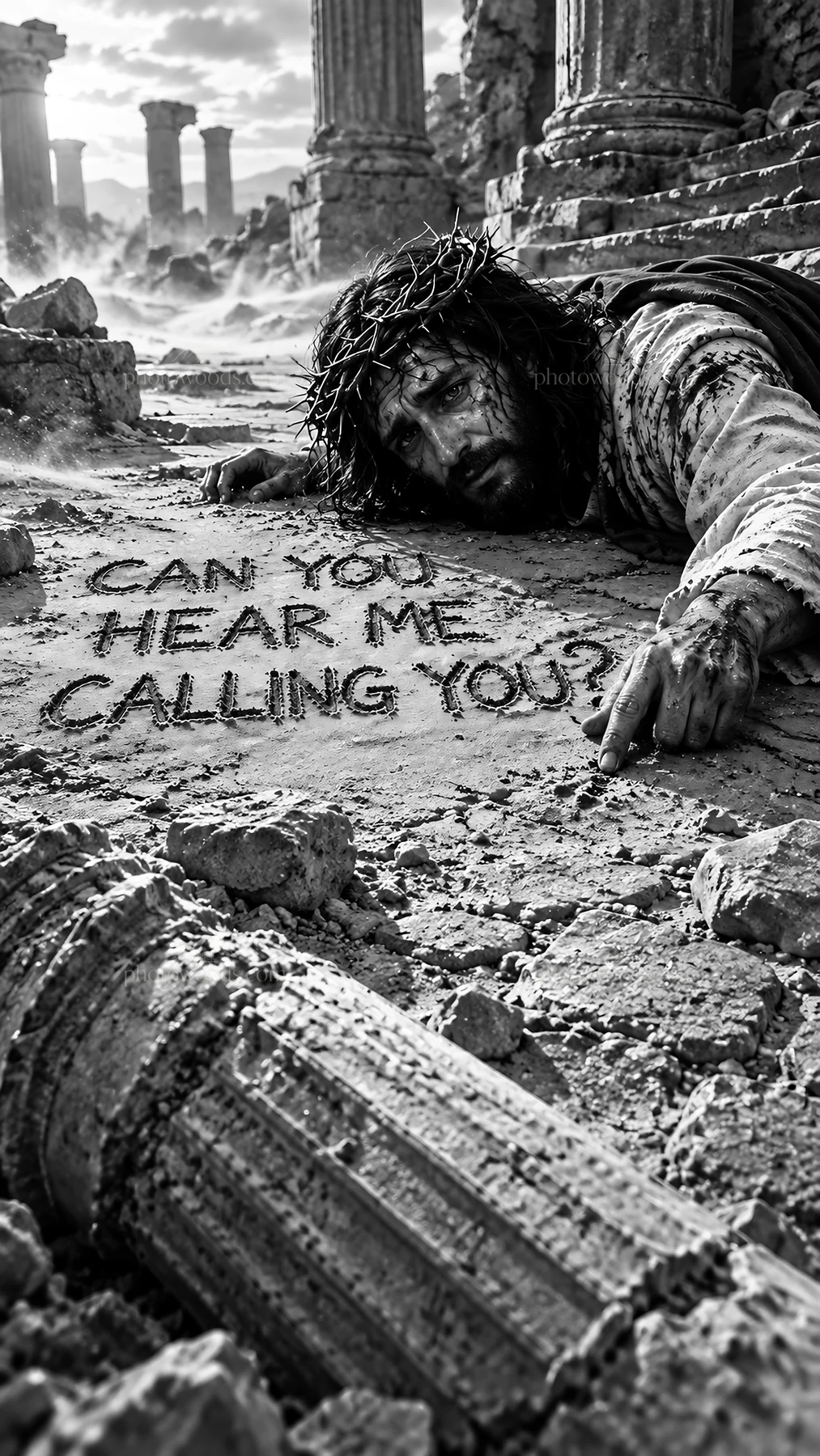 Jesus Christ calling out for help from the ground - AI-generated stock image