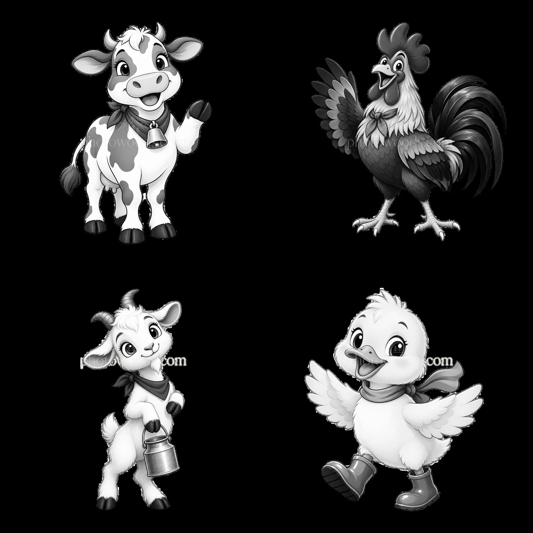Farm animals in playful poses including cow, rooster, goat, and duck - AI-generated stock image