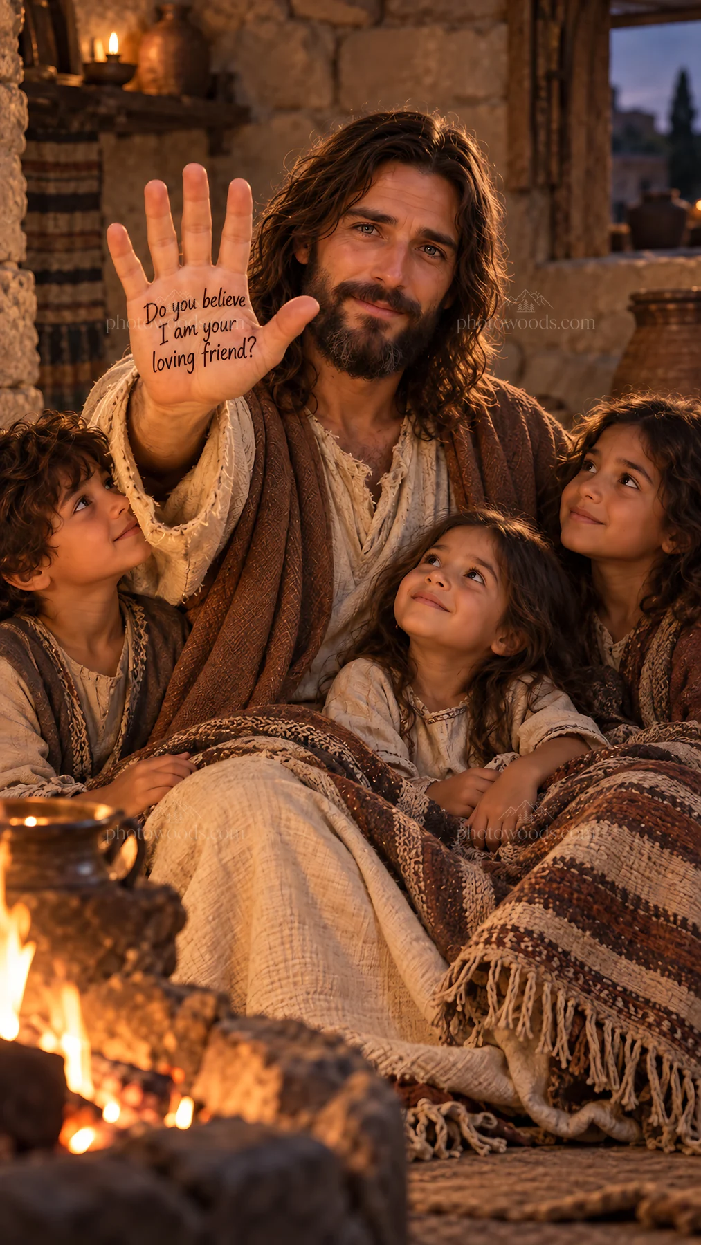 Jesus Christ comforting children with a message of friendship - AI-generated stock image