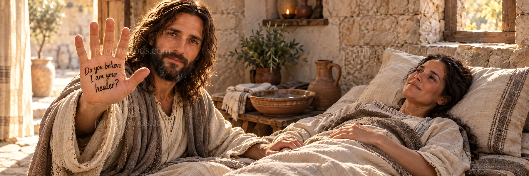 Jesus Christ comforting a woman in a humble setting - AI-generated stock image
