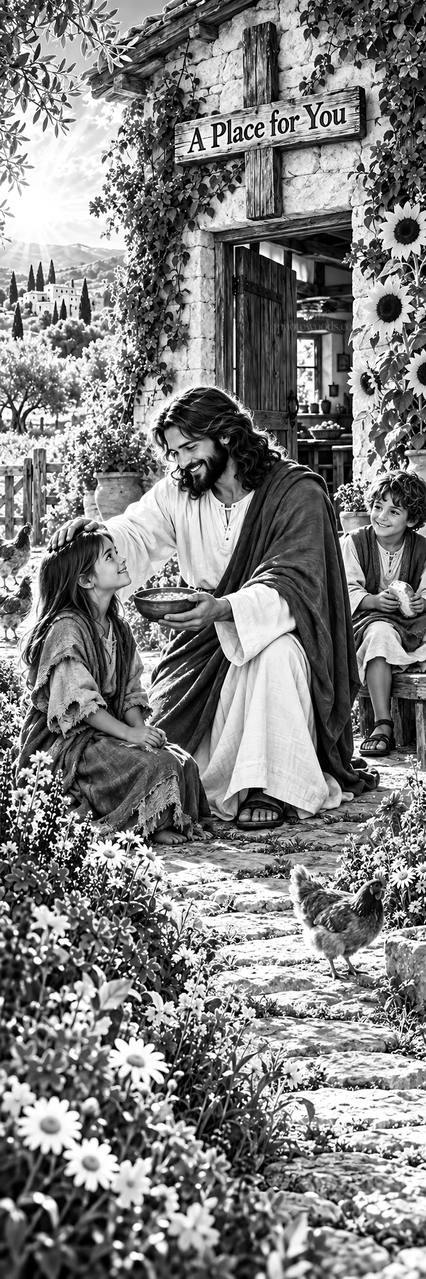 Jesus Christ comforting a child on a sunny day - AI-generated stock image