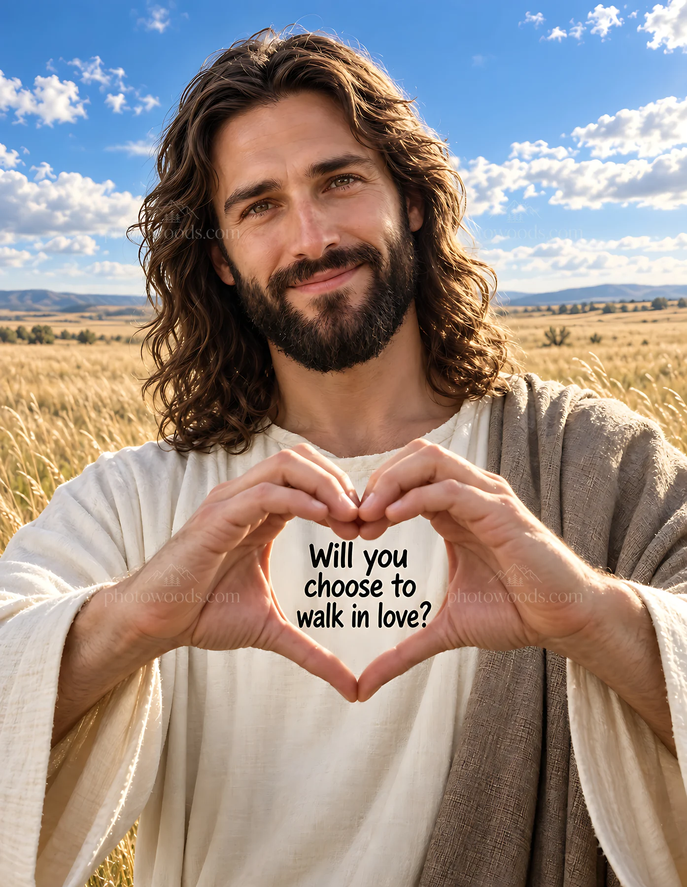 Man with long hair makes a heart shape with his hands - AI-generated stock image