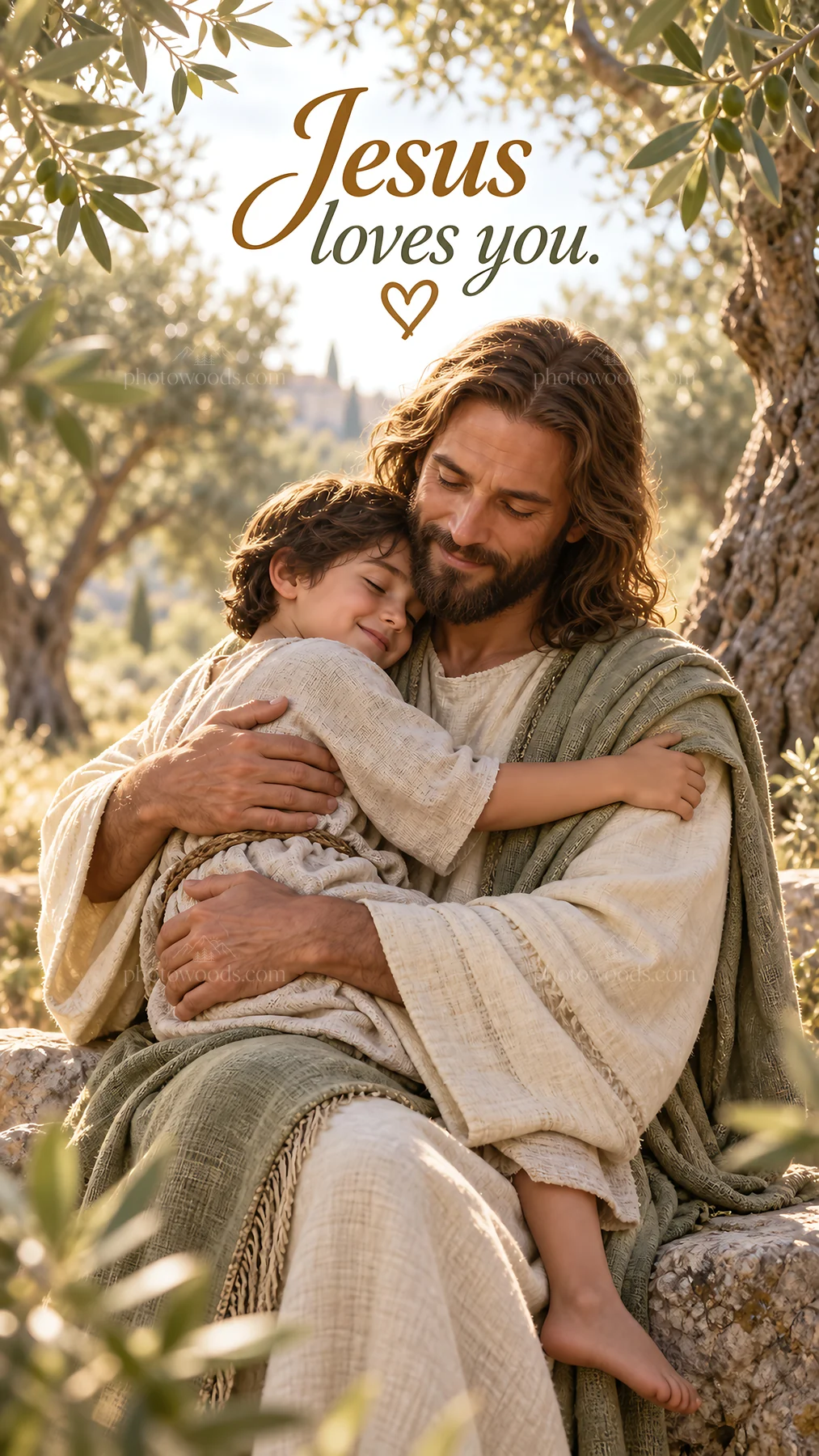 Jesus Christ comforting a child in a peaceful garden scene - AI-generated stock image