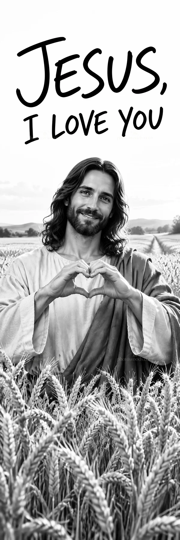 Jesus Christ making a heart gesture in a wheat field - AI-generated stock image