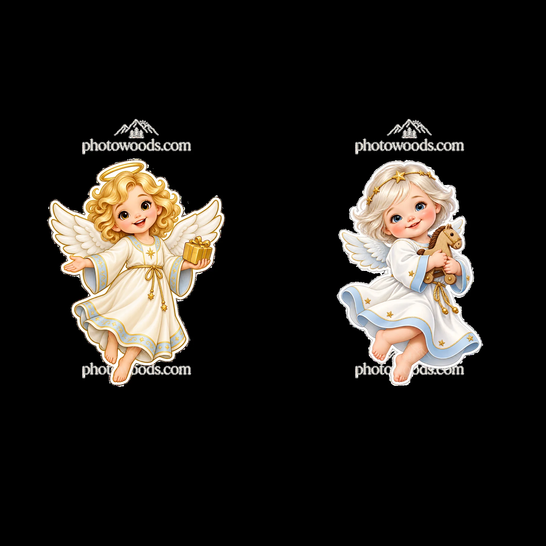 Christ Child with gift and angel holding toy in Christmas scene - AI-generated stock image