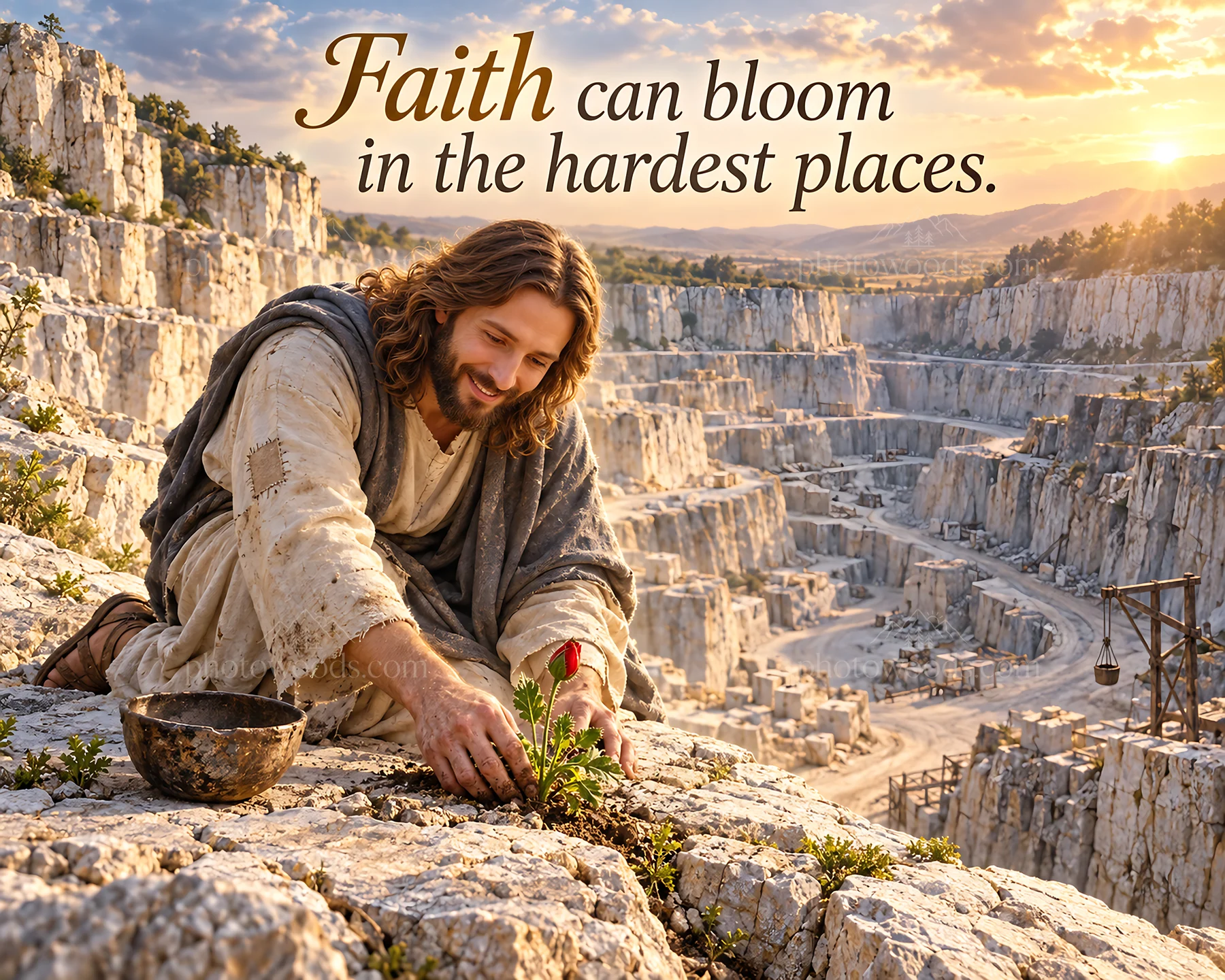 Jesus Christ planting in a rocky quarry with a flower - AI-generated stock image
