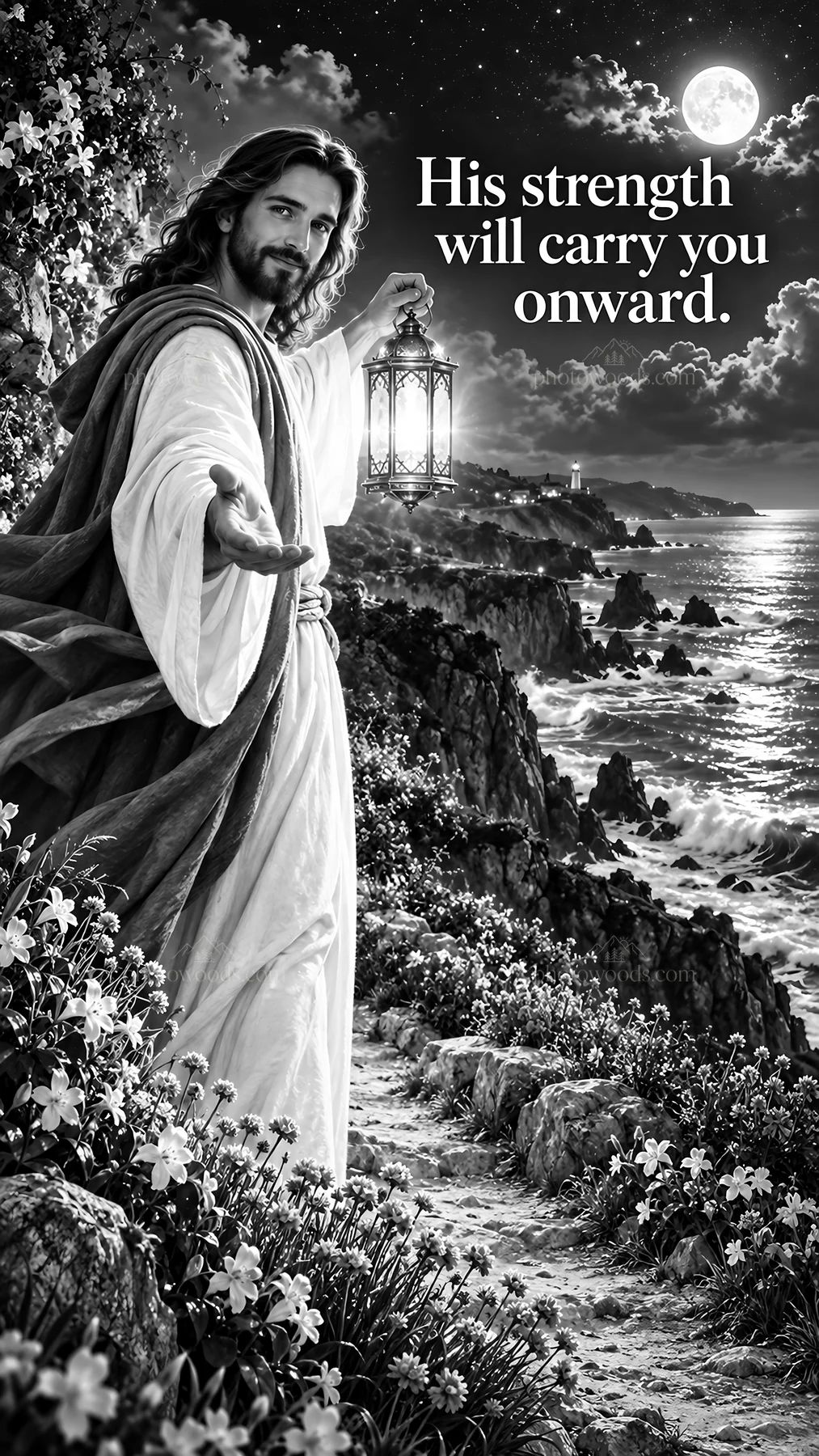 Jesus Christ holding a lantern by the ocean at night - AI-generated stock image