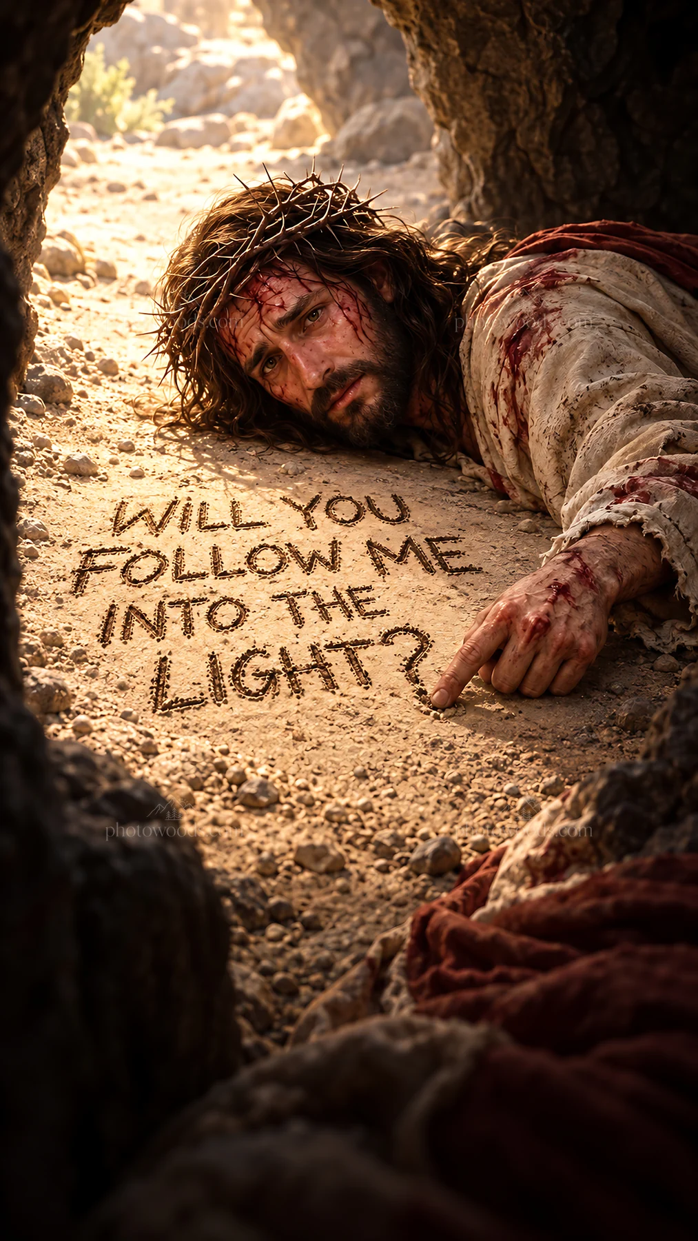 Jesus Christ inviting followers into the light - AI-generated stock image