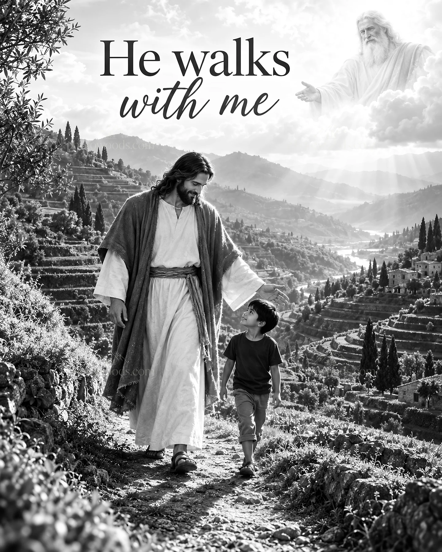 Jesus Christ walking with a child in a peaceful landscape - AI-generated stock image