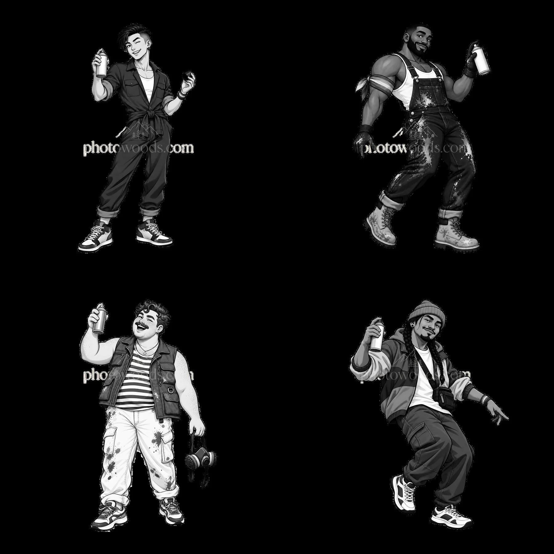 Gay graffiti artists with black and white spray cans, 2x2 - AI-generated stock image