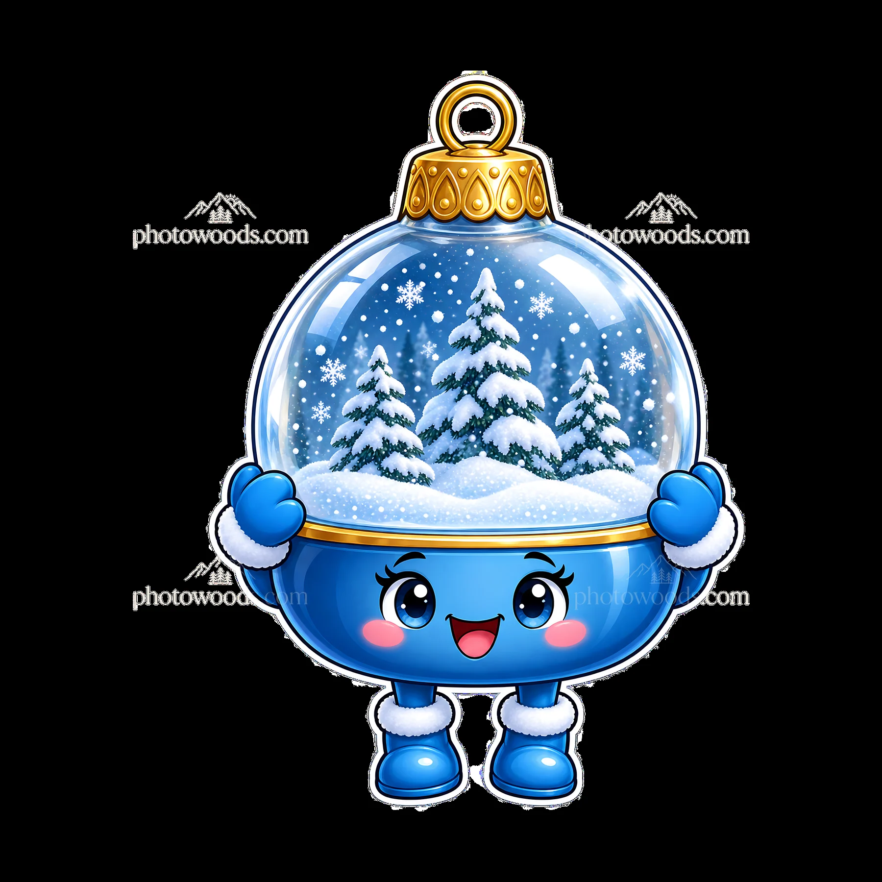 Cute blue Christmas ornament with snowy trees inside a snow globe - AI-generated stock image