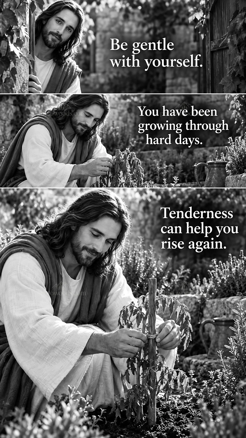 Jesus Christ caring for a plant in a garden scene - AI-generated stock image