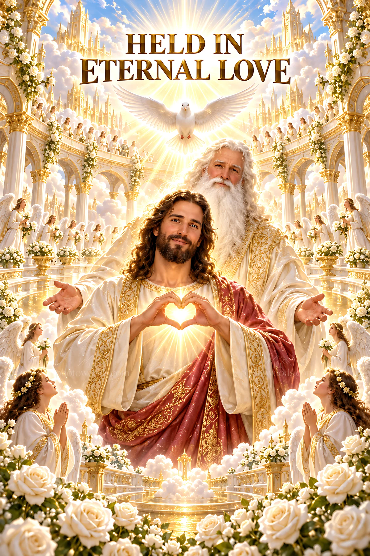Held in eternal love with figures of faith and light - AI-generated stock image